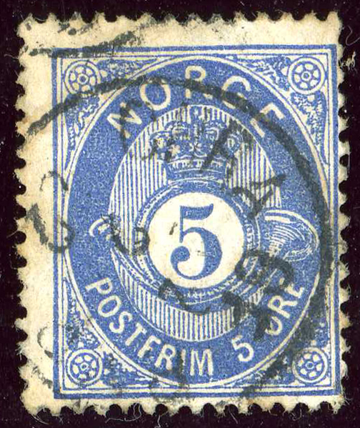 File:1877issue 5öre Norway used Yv24 Mi24a.jpg