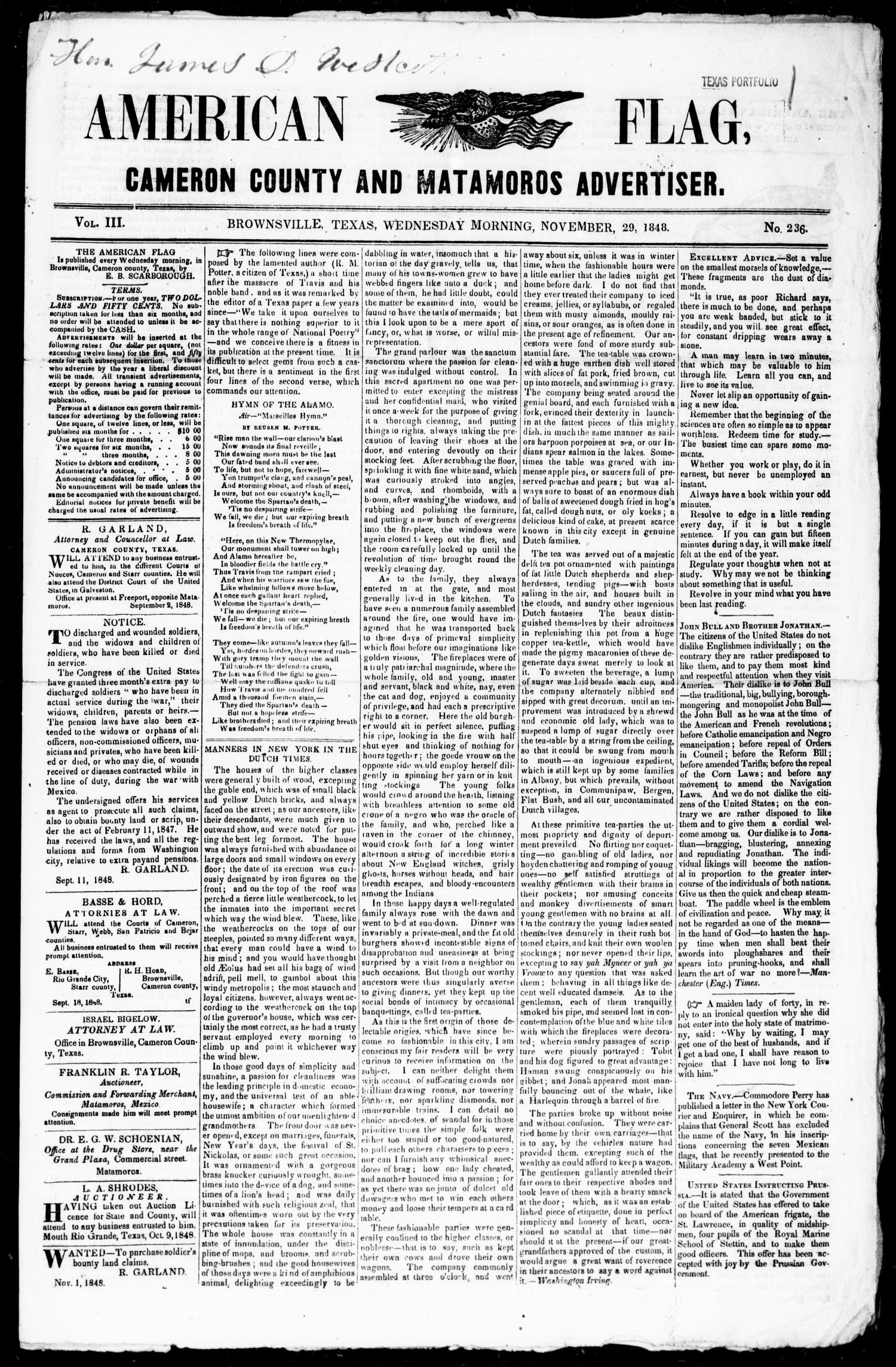 American Flag, Cameron County and Matamoros Advertiser. (Brownsville, Tex.), Vol. 3, No. 236, Ed. 1 Wednesday, November 29, 1848 - DPLA - 640f28706af1a5d77fbed32ccd4b7f00 (page 1)