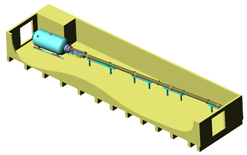 Ludwieg tube installation with a dump tank (left), nozzle and test section (center) and expansion tube (right) Ludwieg lab.gif