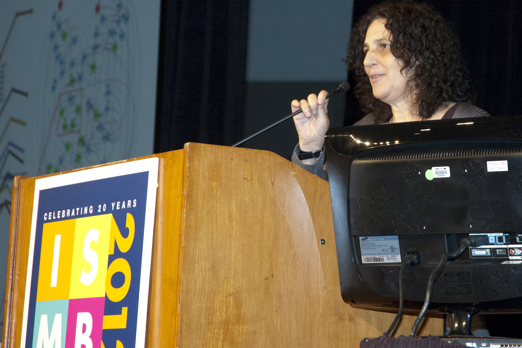 Michal Linial speaking at the ISMB conference in [[Long Beach, California]], in 2012