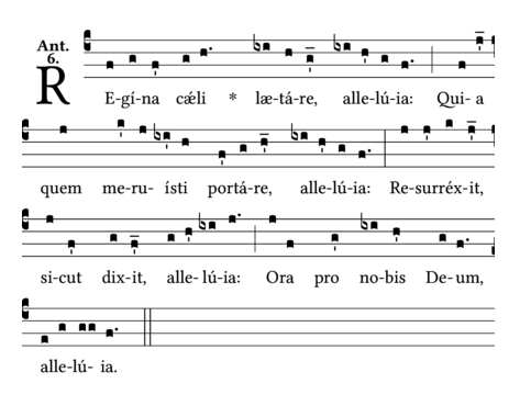 Chant notation of the Regina caeli antiphon in simple tone[1]