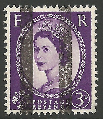 A 3d Wilding Overprinted with black bars for use as a training stamp, 1954 or later.
