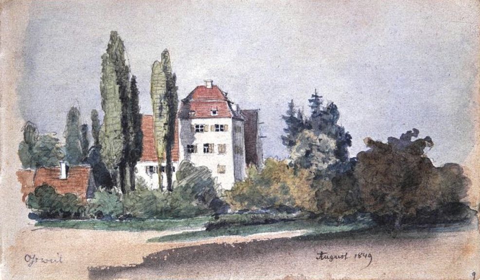 Oßweil. Blick auf Gebäude am Ortsrand. (Aquarell)