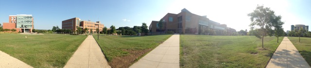  Panorama of the central quad looking south.From left to right: Public Policy and Physics Buildings, The Commons and the Kuhn Library & Gallery