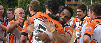 Easts celebrate in the 2006 season after reaching the Semi-Finals for the seventh time in ten years, a feat no other club in the competition has achieved. EastsCelebrate.gif