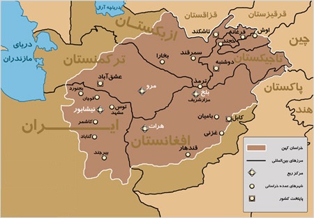 Approximate map of Khorasan and its four main and historical quarters, which are: Nishapur, Merv, Herat, and Balkh (in Persian)