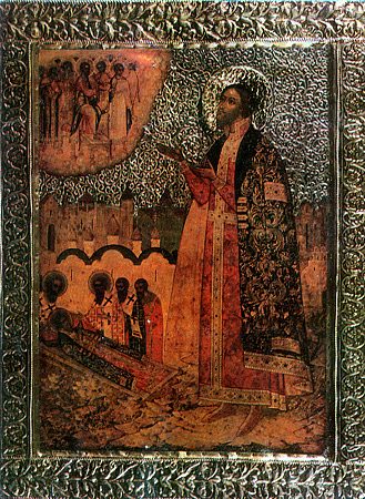 チェルニゴフ公ミハイル（17世紀のイコン）  サライでチンギス・ハーンの像への礼拝を拒んだため殺された人物[注釈 4]。のちに列聖された。
