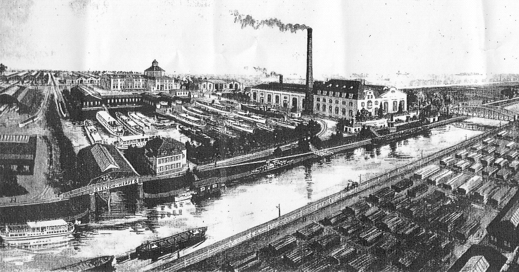 Teltow-Werft und Kraftwerk Schönow. Quelle: Wikipedia