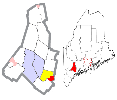 Location of the town of Lisbon (in yellow) in Androscoggin County and the state of Maine