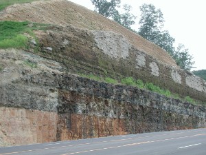 Interstate road cut through limestone and shale strata in East Tennessee