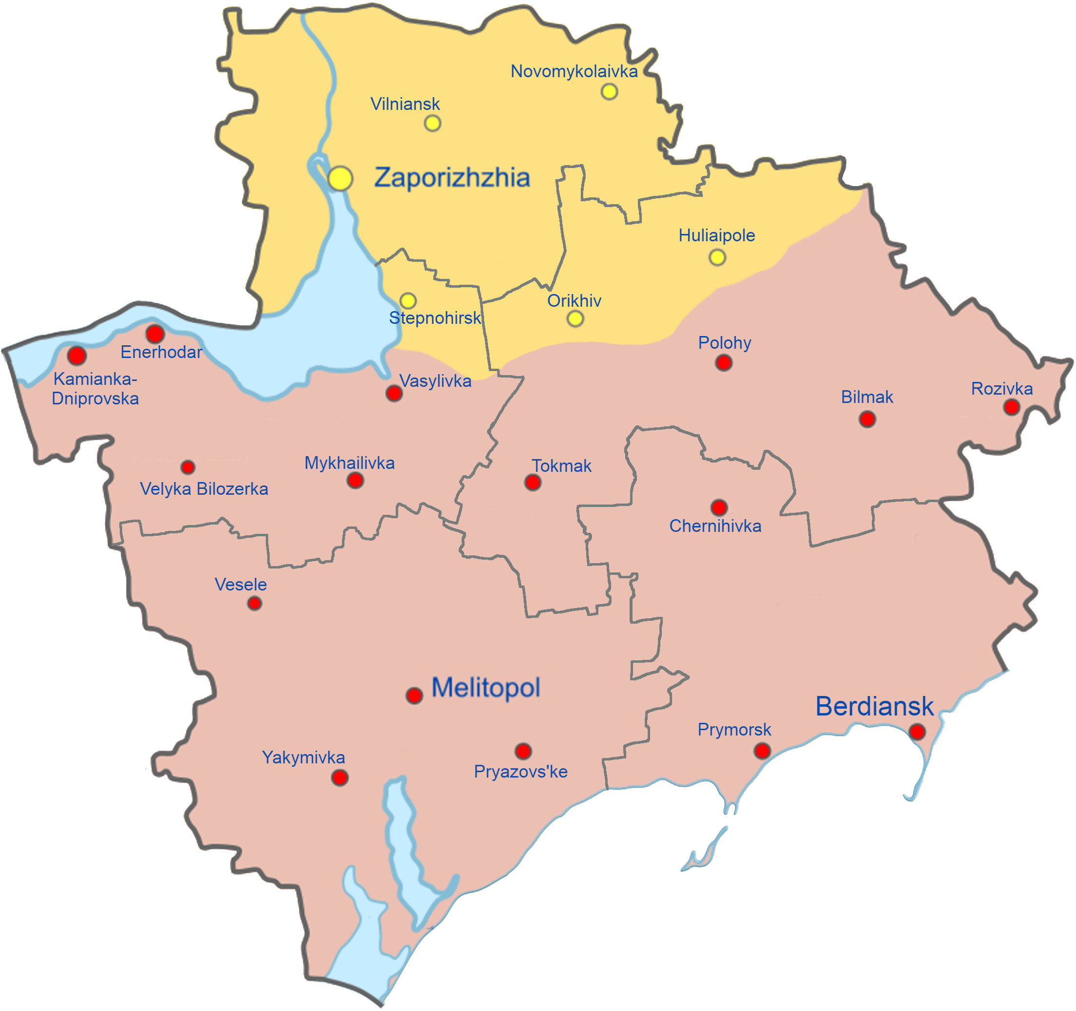 Карта запорожской области под контролем россии с городами подробная 2022