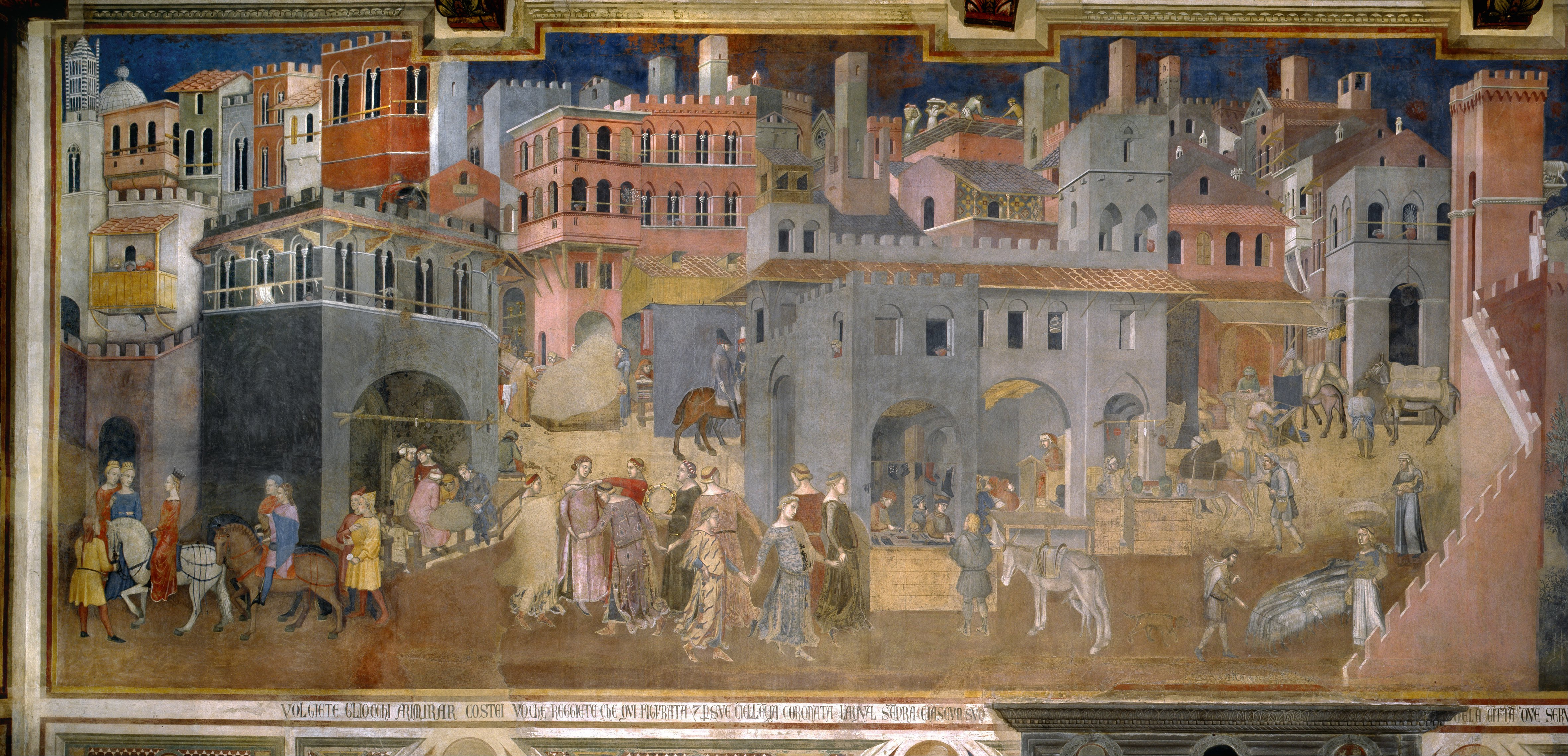 Ambrogio Lorenzetti,  Effetti del Buon Governo in città, 1338-1339, Sala della Pace, Palazzo Pubblico, Siena

