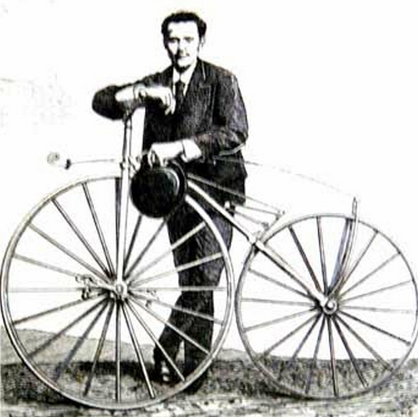 Pierre Michauxs Sohn Ernest Michaux mit einem Velociped