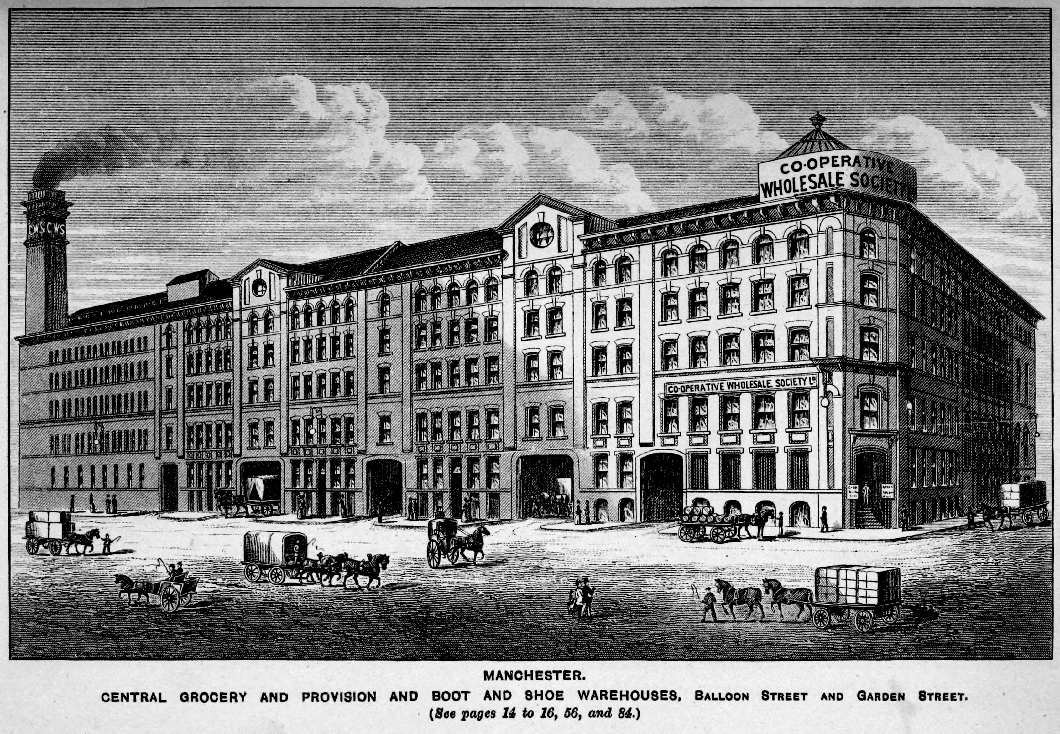 English Illustration of Co-operative Wholesale Society warehouses on Balloon Street, Manchester