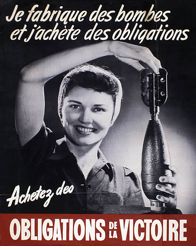 Canadese poster uit WOII. Onder druk van de oorlogsomstandigheden veranderde de rol van de vrouw: van huisvrouw tot bommenmaakster. Vrouwen werden zelfstandiger, zelfbewuster en ondernemender.