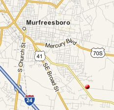 Map of Murfreesboro showing the location of the new Islamic Center of Murfreesboro mosque (marked with a red dot) Islamic Center of Murfreesboro locator map.png