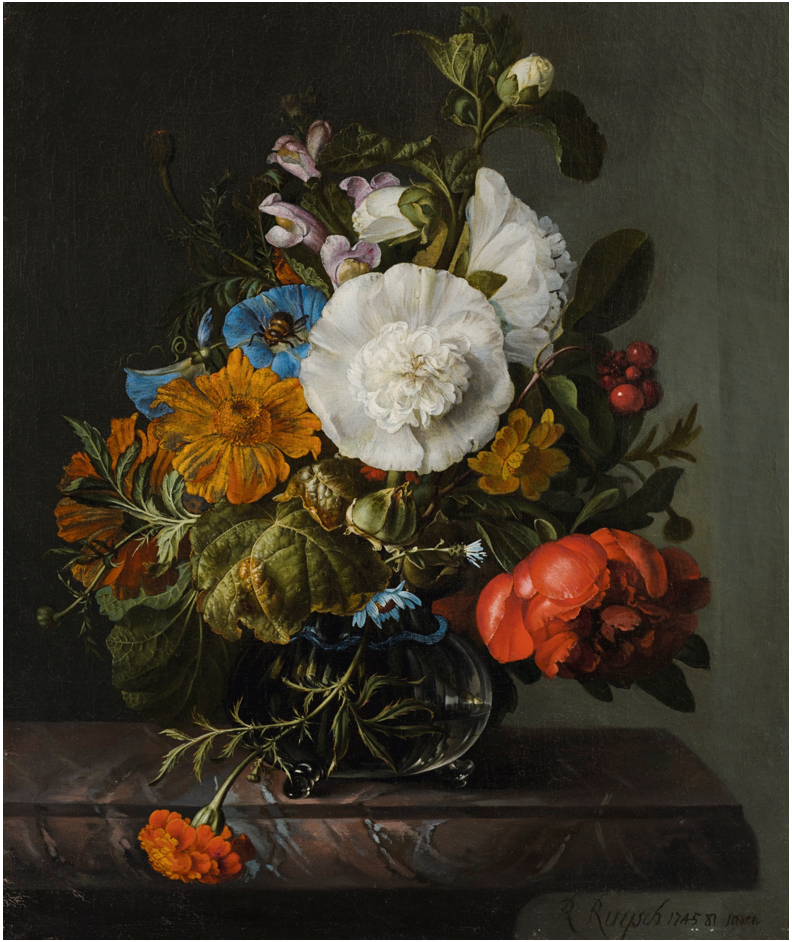 STILL LIFE OF FLOWERS IN A GLASS VASE ON A MARBLE LEDGE.png