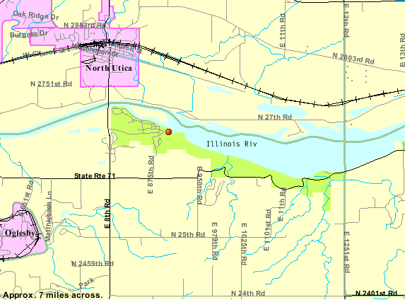 Starved Rock (red marker) in Starved Rock State Park (green).