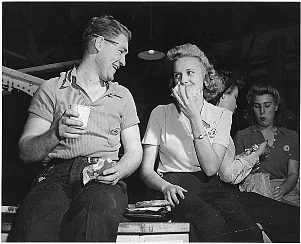 File:Aircraft workers on lunch break 1942.gif