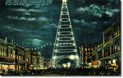 A postcard depicting the San Jose electric light tower