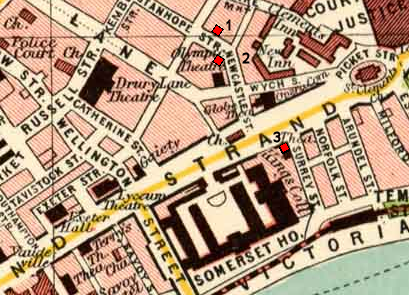 Eastern end of Strand in 1900, before construction of Kingsway and Aldwych. Planned locations of the station are shown in red: Corner of Holles Street (not shown) and Stanhope StreetFuture junction of Kingsway and AldwychCorner of Strand and Surrey Street