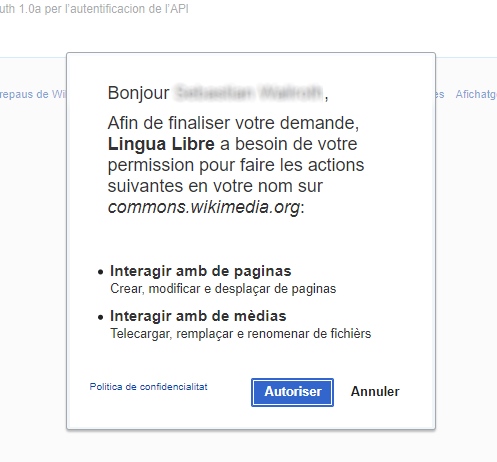Captura d'ecran de la bóstia de dialògue per autorizar Lingua Libre a publicar en nòstre nom sus Wikimedia Commons