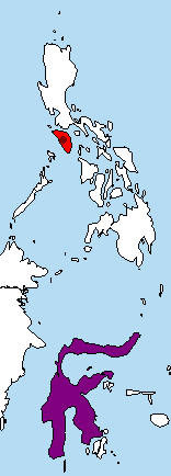Mapa de distribuição do Styloctenium. A ilha do Mindoro está destacada em vermelho, a localidade típica do S. mindorensis em vermelho escuro.