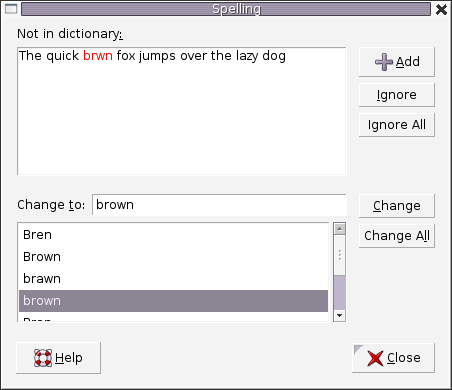 File:English-language screenshot of Enchant, AbiWord's spell checker - The quick brown fox jumps over the lazy dog.png