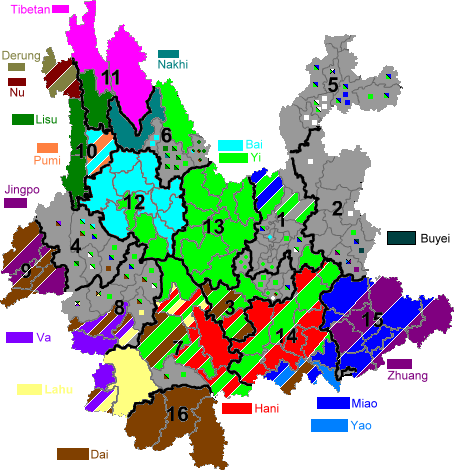 Major autonomous areas within Yunnan. (excluding Hui)