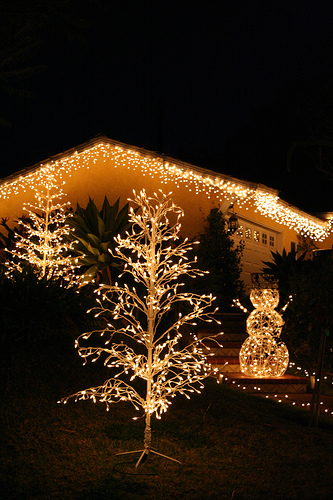 File:Christmas lights trees and snowman.jpg