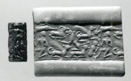 File:Cylinder seal and modern impression Nude male, griffins, monkey, lion, goat, ca 15th 14th century BC Mitanni.jpg