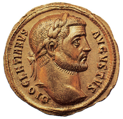 Coin of the emperor Diocletian, marked .mw-parser-output span.smallcaps{font-variant:small-caps}.mw-parser-output span.smallcaps-smaller{font-size:85%}diocletianus augustus