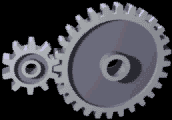 Two intermeshing gears transmitting rotational motion. Since the larger gear is rotating less quickly, its torque is proportionally greater. One subtlety of this particular arrangement is that the linear speed at the pitch diameter is the same on both gears. Gears animation.gif