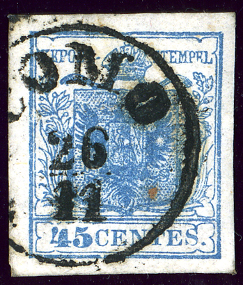 Timbre du Royaume lombardo-vénitien de 1850, 45 centesimi oblitéré à Côme.