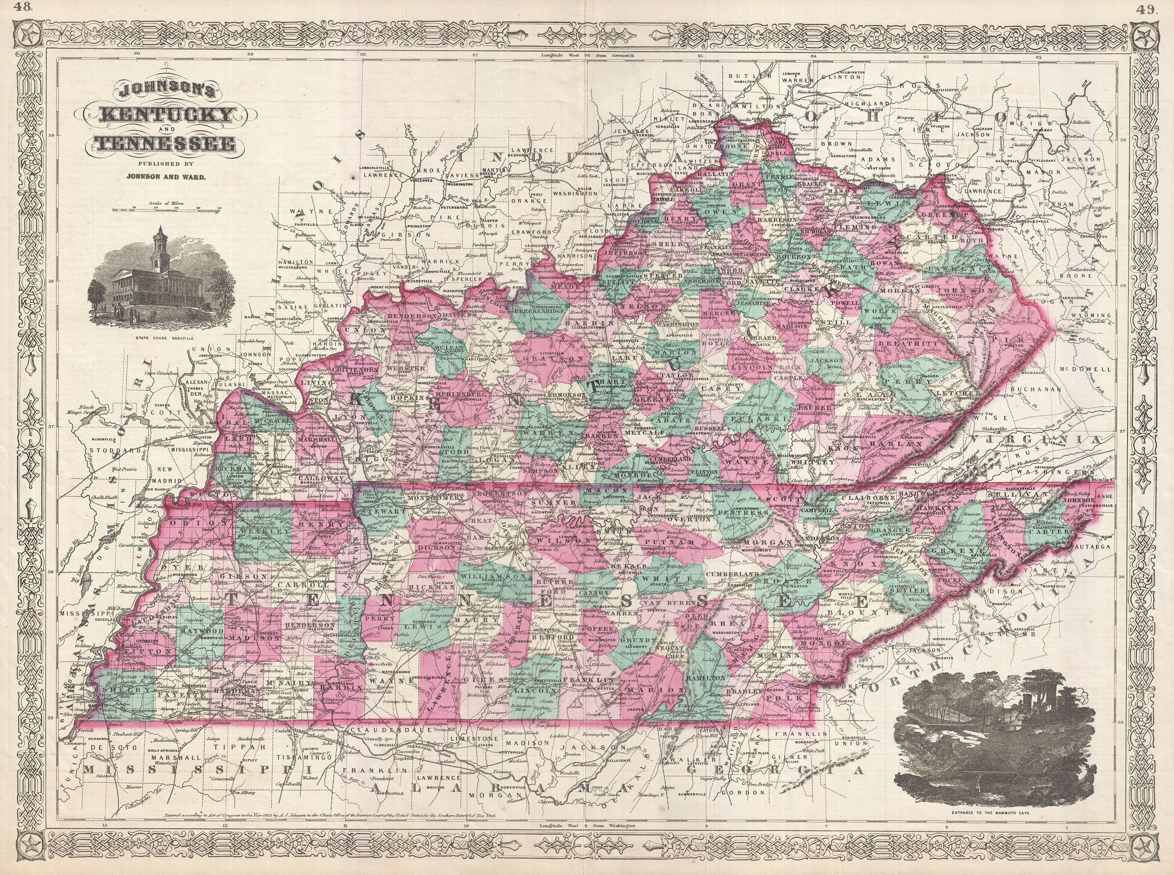 county map of ky and tn File 1866 Johnson Map Of Kentucky And Tennessee Geographicus Kentuckytennessee Johnson 1866 Jpg Wikimedia Commons county map of ky and tn