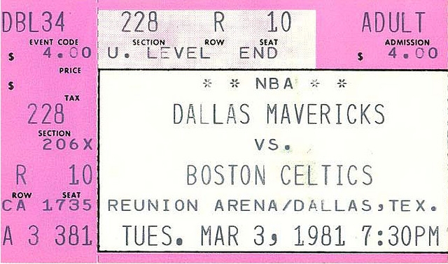 Comments From The Other Side - vs Mavericks, Away Boston_Celtics_at_Dallas_Mavericks_1981-03-03_%28ticket%29