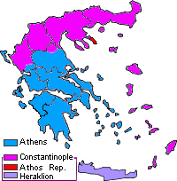 Les juridictions religieuses de l'Église orthodoxe en Grèce (en bleu). Les Nouvelles terres annexées par la Grèce après 1913 (en rose, rouge et violet) restent sous la juridiction ecclésiastique du patriarcat œcuménique de Constantinople.