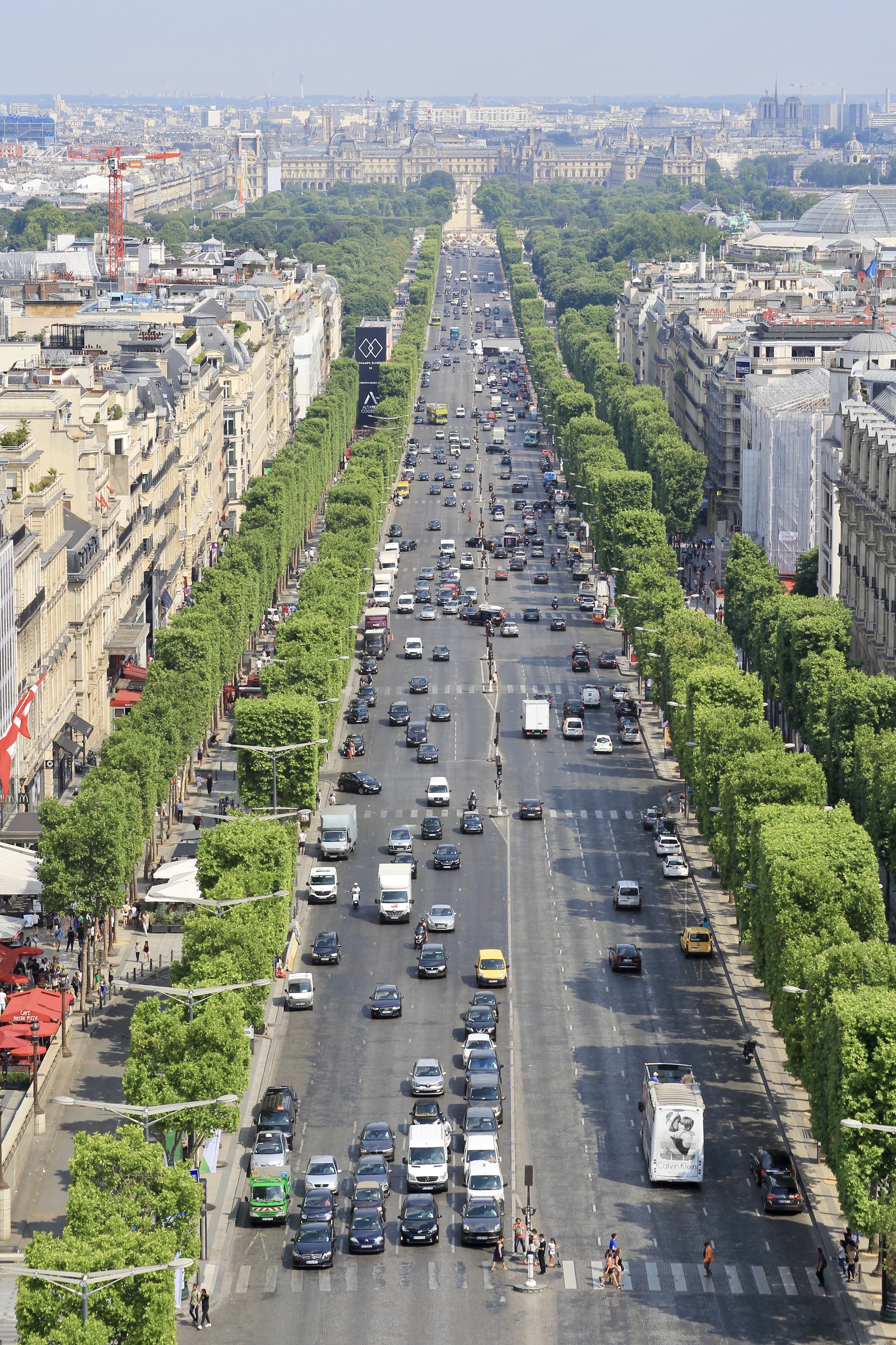 Avenue des Champs Elysees in Paris, France, view towards the Arc