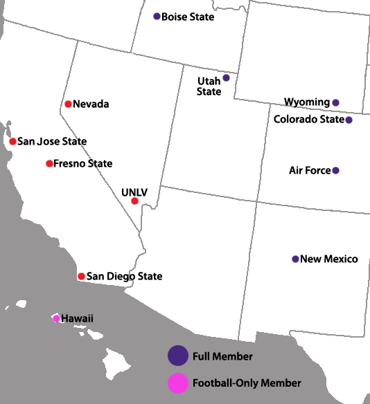 Locations of Mountain West Conference members.