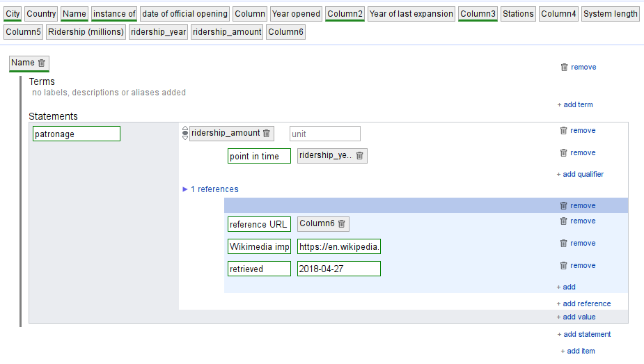 Wikidata editing with OpenRefine - Inverse Listeria tutorial. Simple schema to add ridership information on Wikidata.