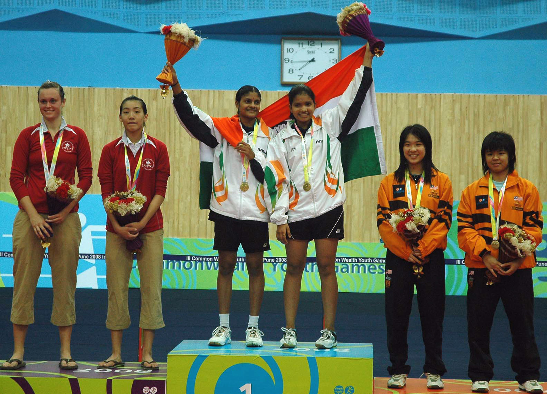 P.C Thulasi and Reddy Sikki from India won the gold medal, Bruce Mary Alexandra, Li Man Shan Michelle from Canada won the Silver and Lim Ee Von NG Hui Em from Malaysia won the bronze medal in Women’s Doubles badminton event at the 3rd Commonwealth Youth Games-2008, in Pune on October 17, 2008.