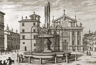 Piazza Scossacavalli with the church of San Giacomo and the fountain by Carlo Maderno in a 17th–century etching by Giovanni Battista Falda