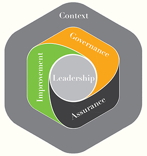 The competency framework diagram showing the 5 areas of the framework; Leadership, Governance, Assurance, Improvement and context. QP leaflet A3 landscape-2-Resized.jpg