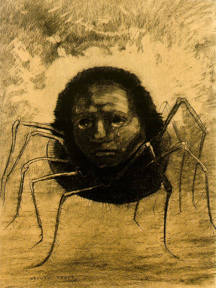 A lone human-spider is depicted in front of a blank space, with a sad gaze, and a singular tear. Large emotions. Sad. Melancholy. One of many of Redon’s mythical like creatures he referred to as his “monsters”.