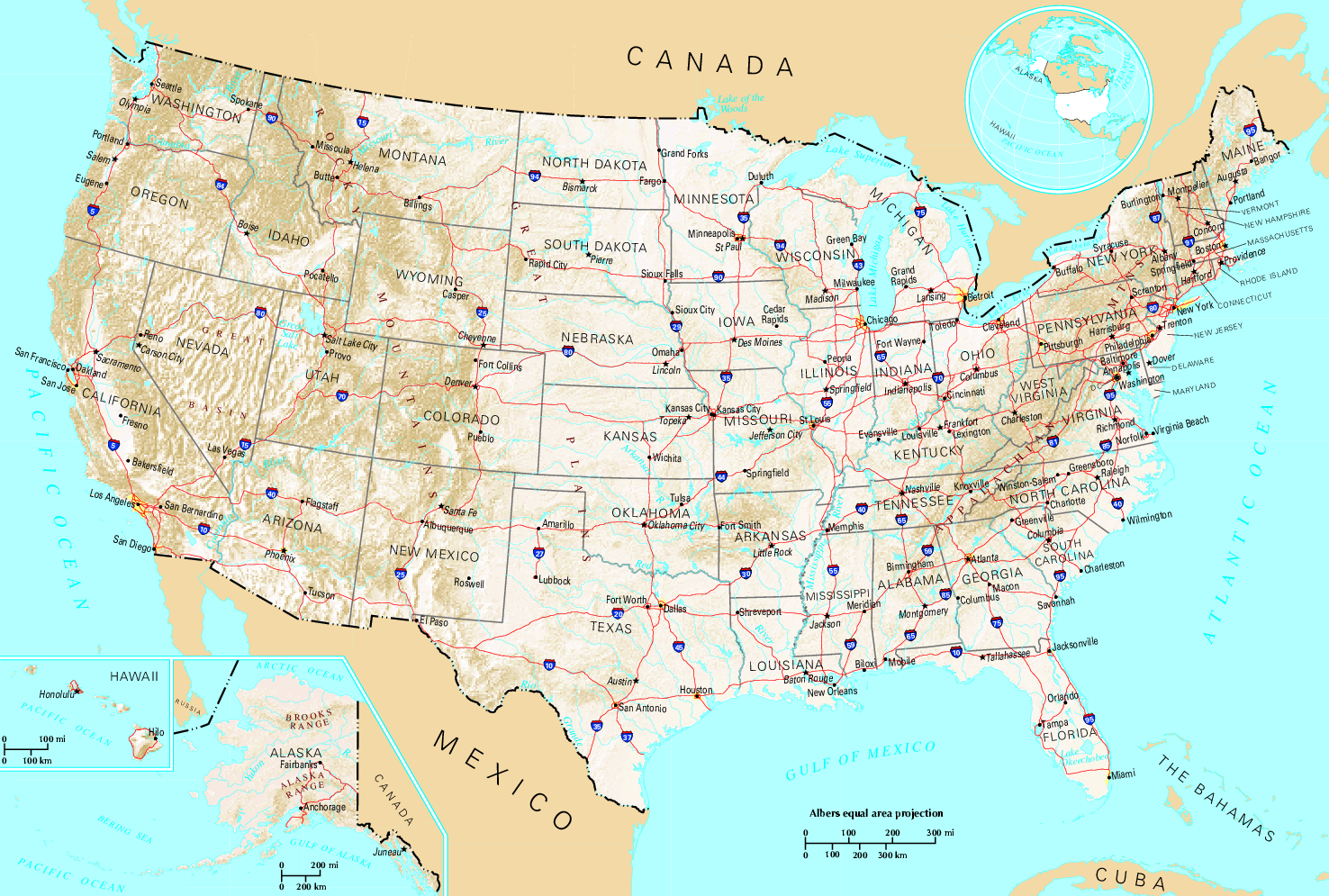 A map of the United States with the major highways drawn in red and blue highway number markers. 