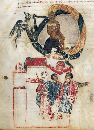 Illuminated manuscript depicting Job, his friends, and the leviathan, Mount Athos, c. 1300