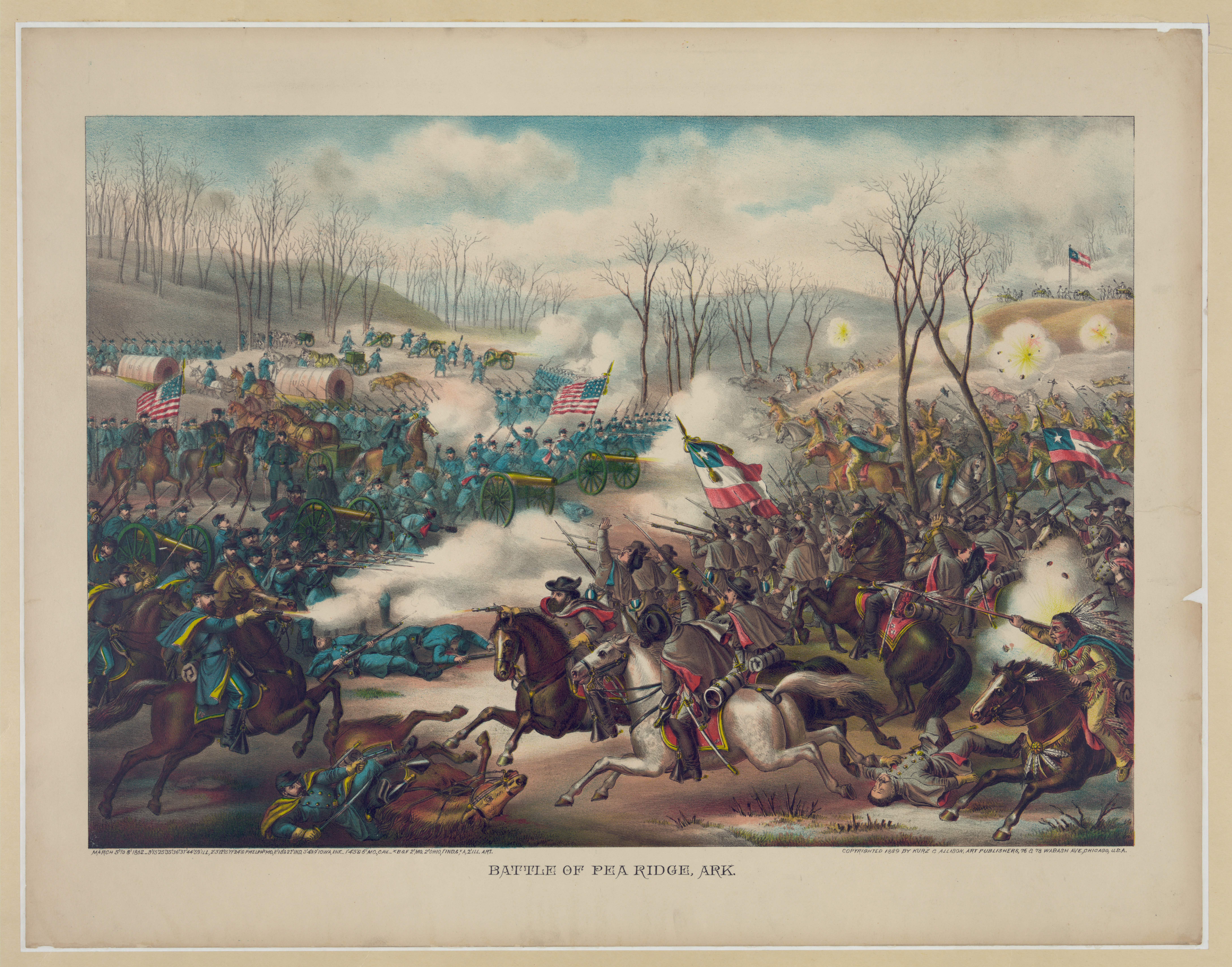 Battle of Pea Ridge, Ark. Kurz and Allison, publishers. Published in 1889. Digitally posted at http://cdn.loc.gov/service/pnp/pga/01800/01888v.jpg