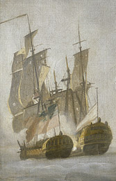 HMS Minerva отбивает Уорик в 1761 году - капитан Александр Худ, 1726-1814 гг. RMG L8414 (обрезано) .jpg