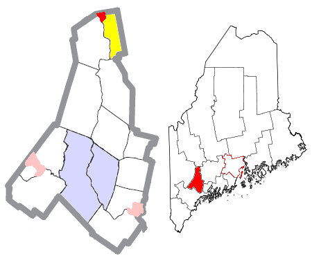 Location of the town of Livermore Falls (in yellow) in Androscoggin County and the state of Maine