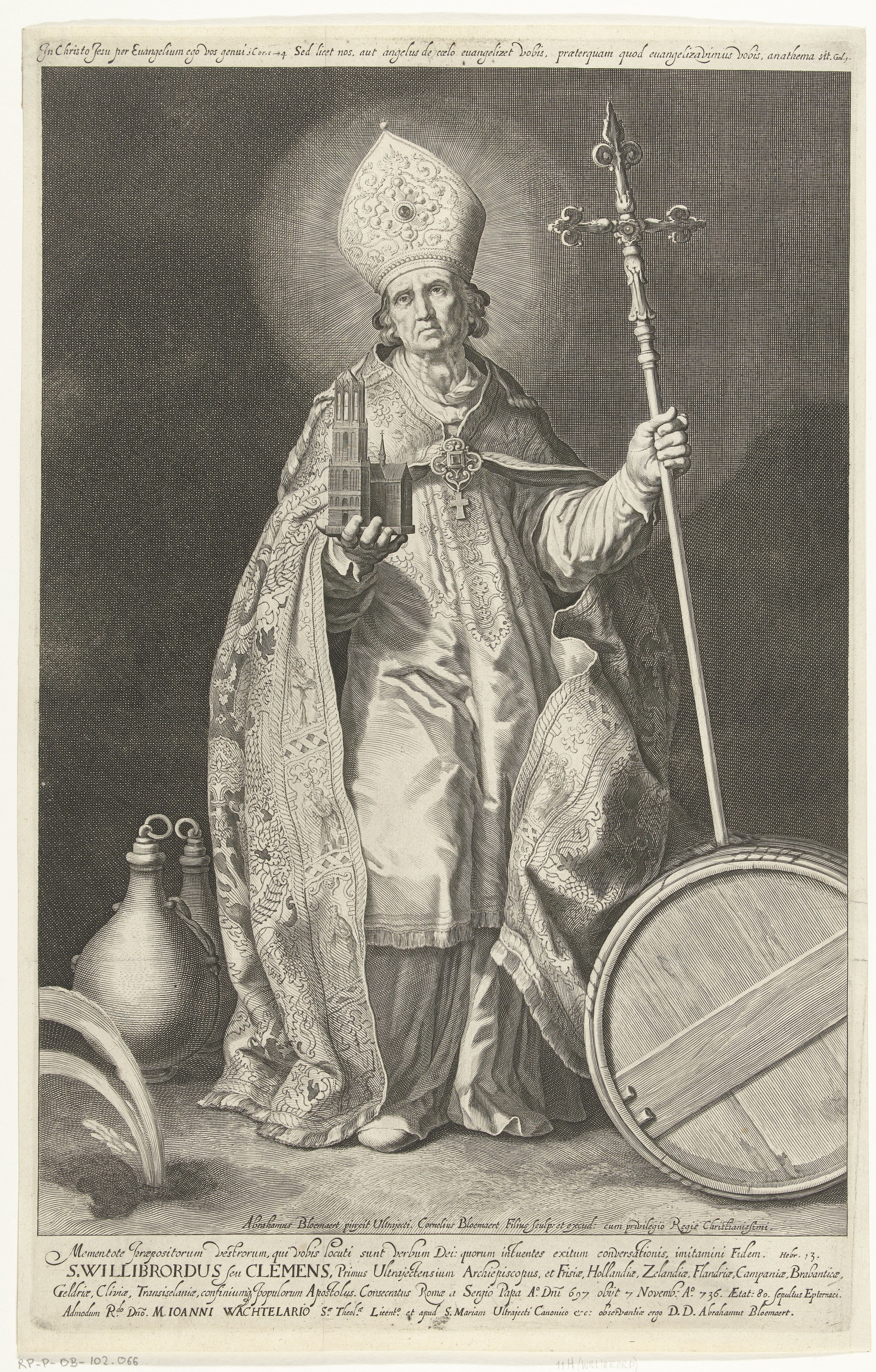 ''San Willibrord'', grabado de Cornelis Bloemaert por pintura de [[Abraham Bloemaert